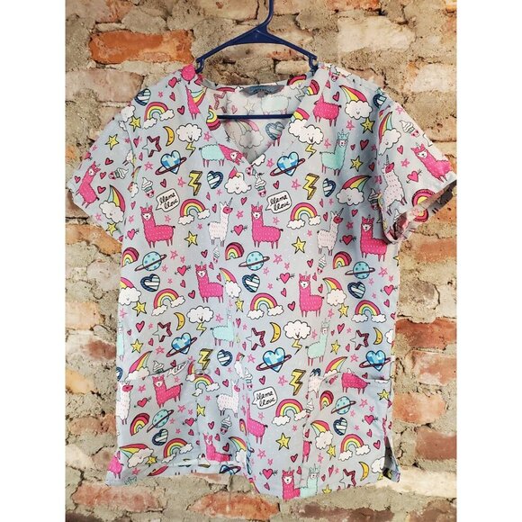 Serene Scrup Top Womens Sz M Cartoon Drawing Colorful - Picture 1 of 3